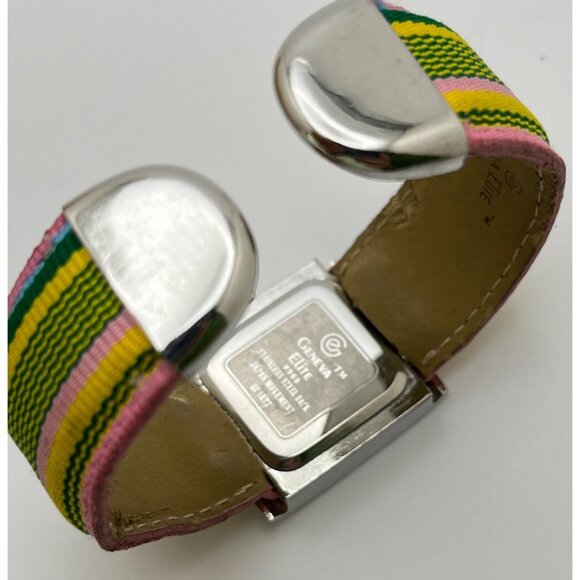 Geneva Elite Womens Watch Rainbow Cuff Bracelet Colorful Striped Fabric Band - Picture 5 of 7